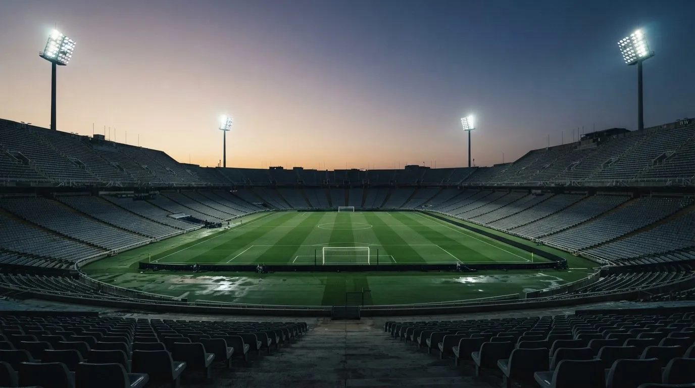 An empty football stadium with floodlight masts at dusk