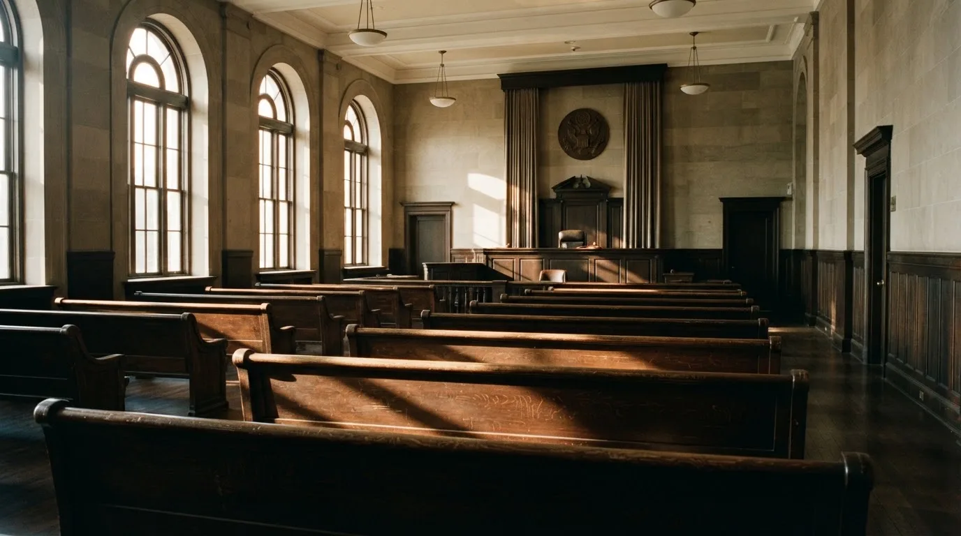 An empty courtroom with wooden benches in morning light