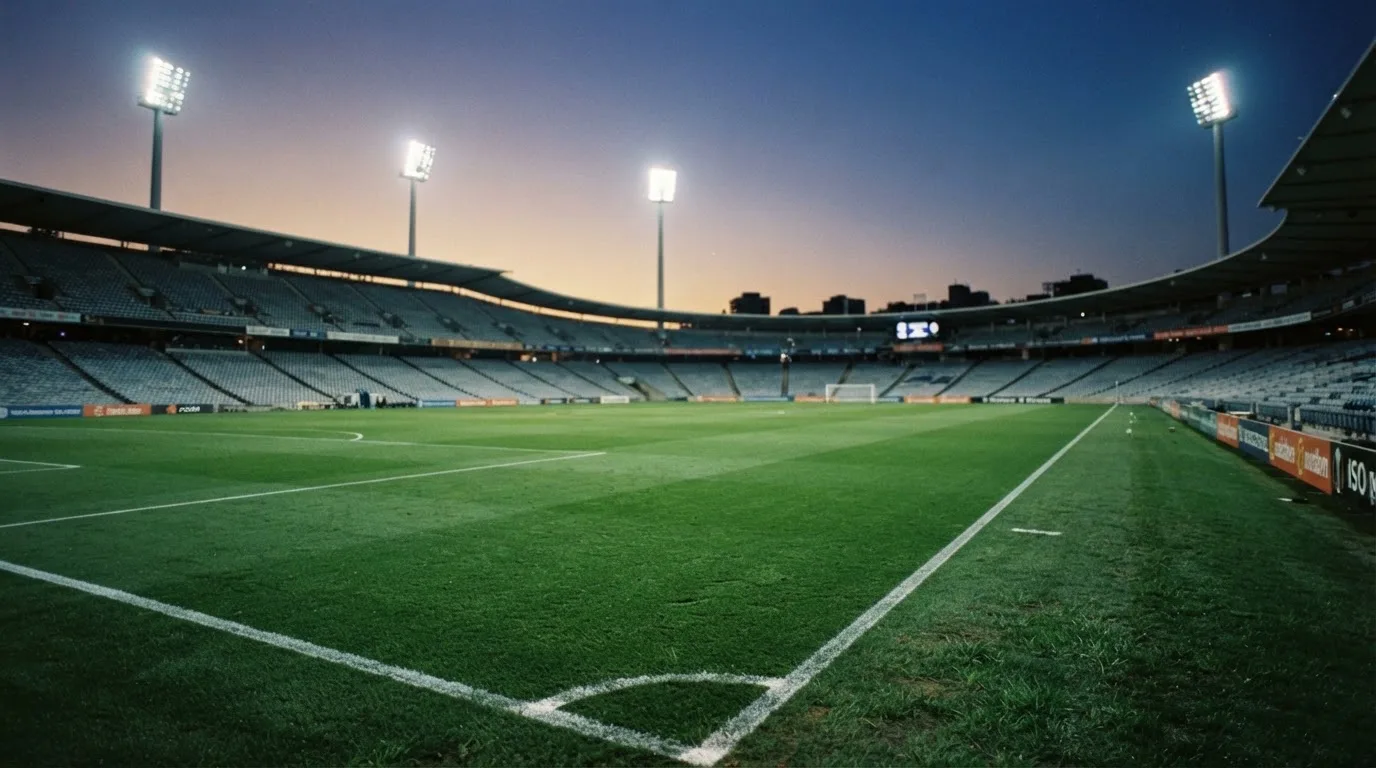 An empty football stadium with floodlight masts at dusk