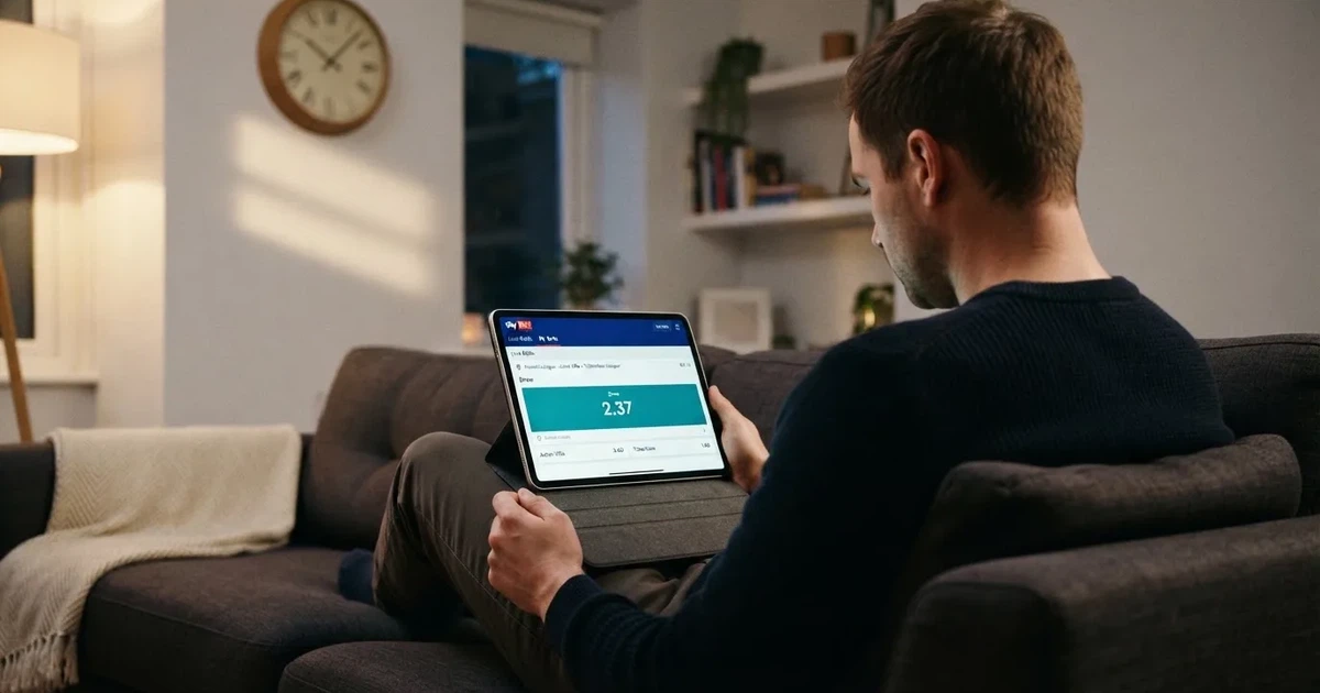 A person on a sofa looking thoughtfully at a tablet, a wall clock in the background