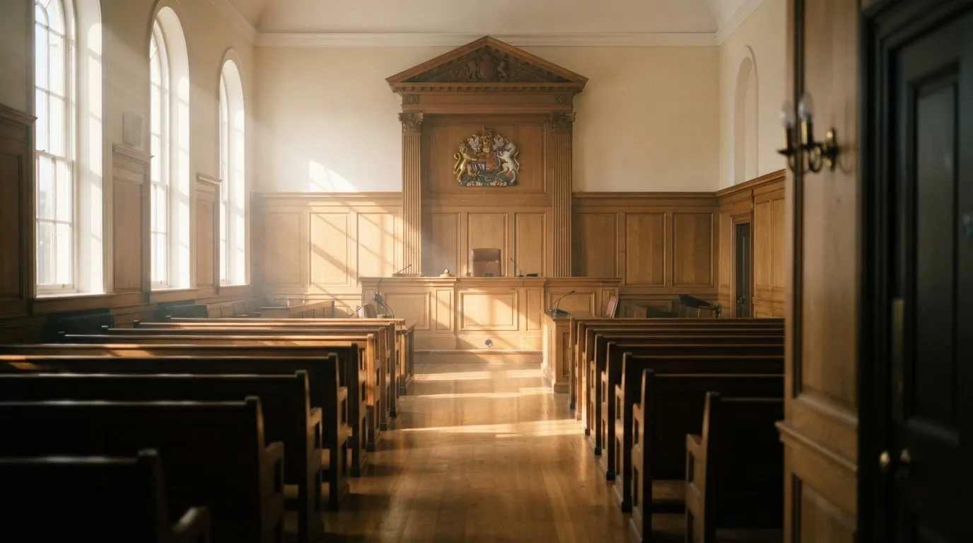 An empty courtroom with wooden benches in morning light