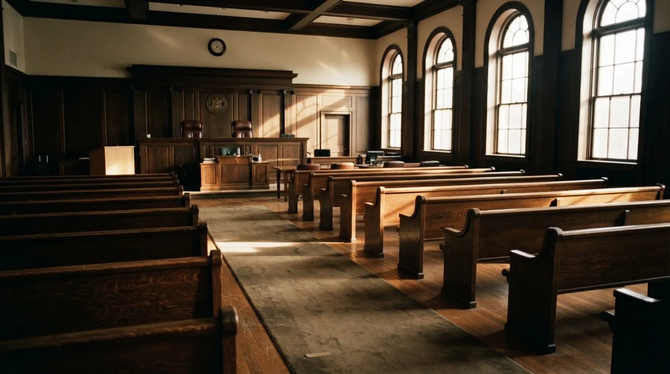 An empty courtroom with wooden benches in morning light