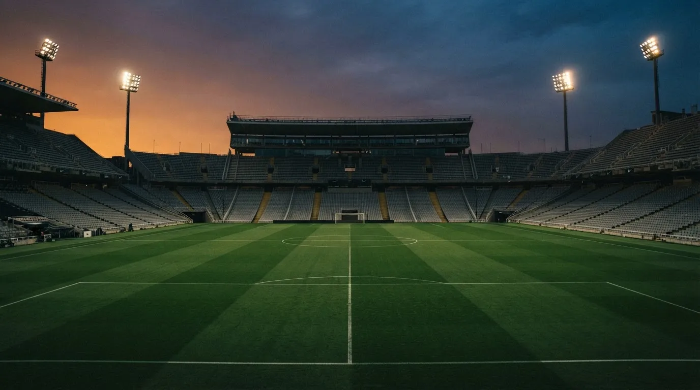 An empty football stadium with floodlight masts at dusk