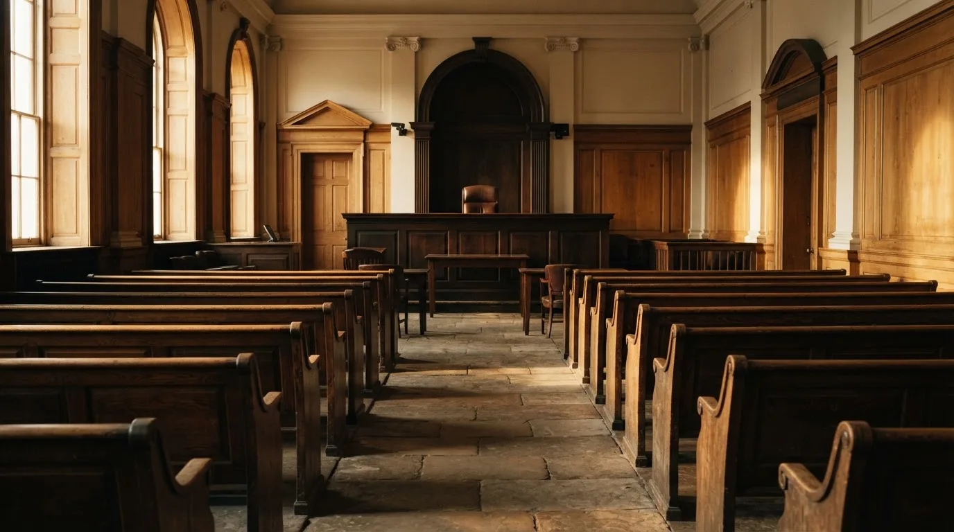 An empty courtroom with wooden benches in morning light