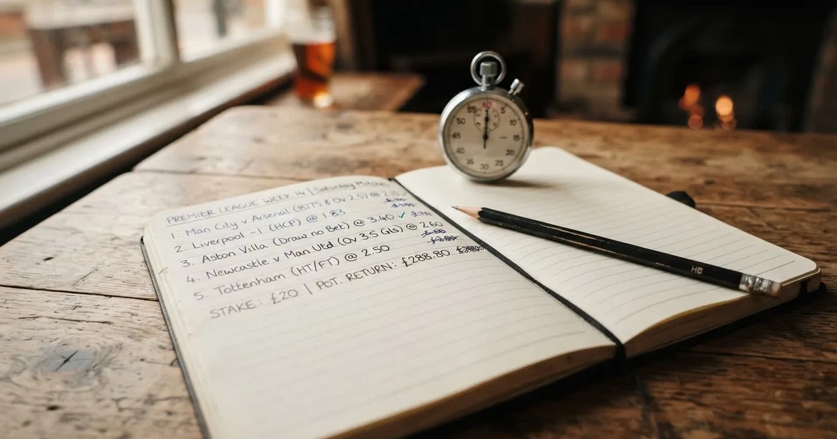 An open notebook with a pencil and a stopwatch on a wooden table