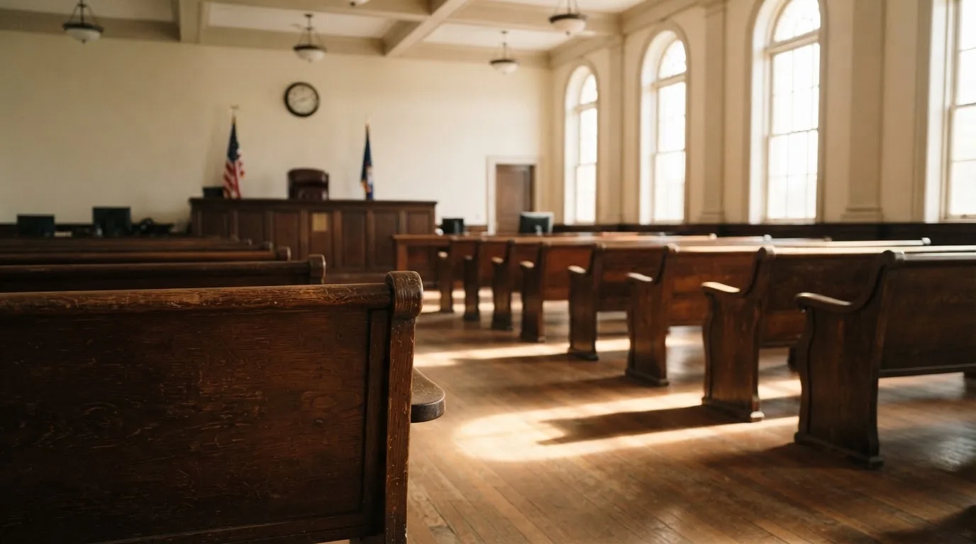 An empty courtroom with wooden benches in morning light