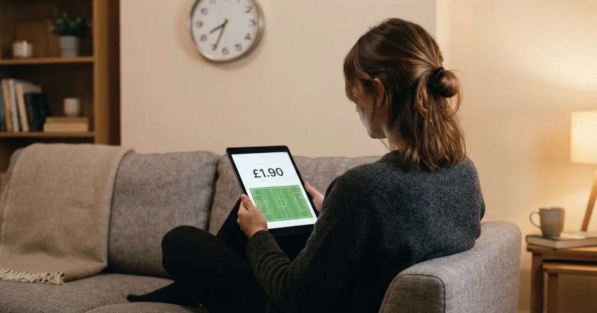 A person on a sofa looking thoughtfully at a tablet, a wall clock in the background