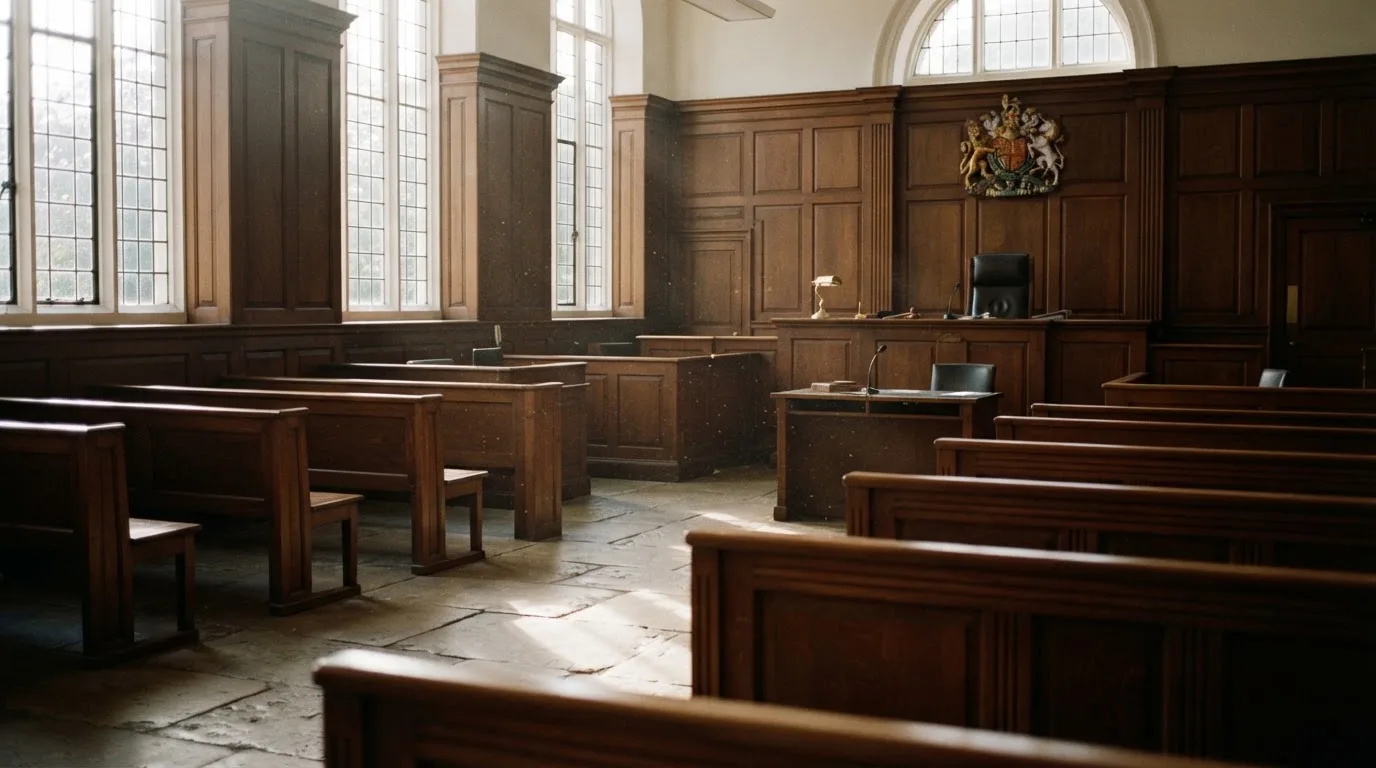 An empty courtroom with wooden benches in morning light