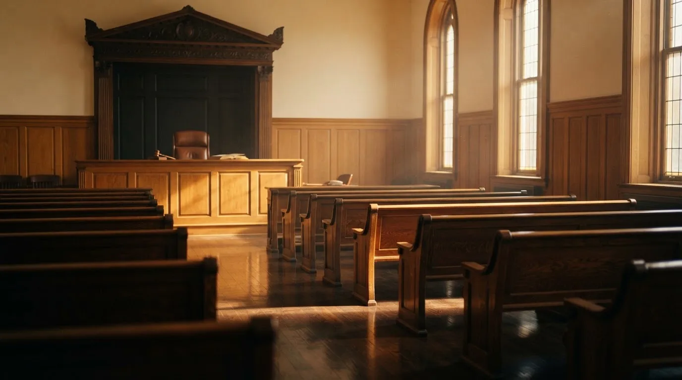 An empty courtroom with wooden benches in morning light