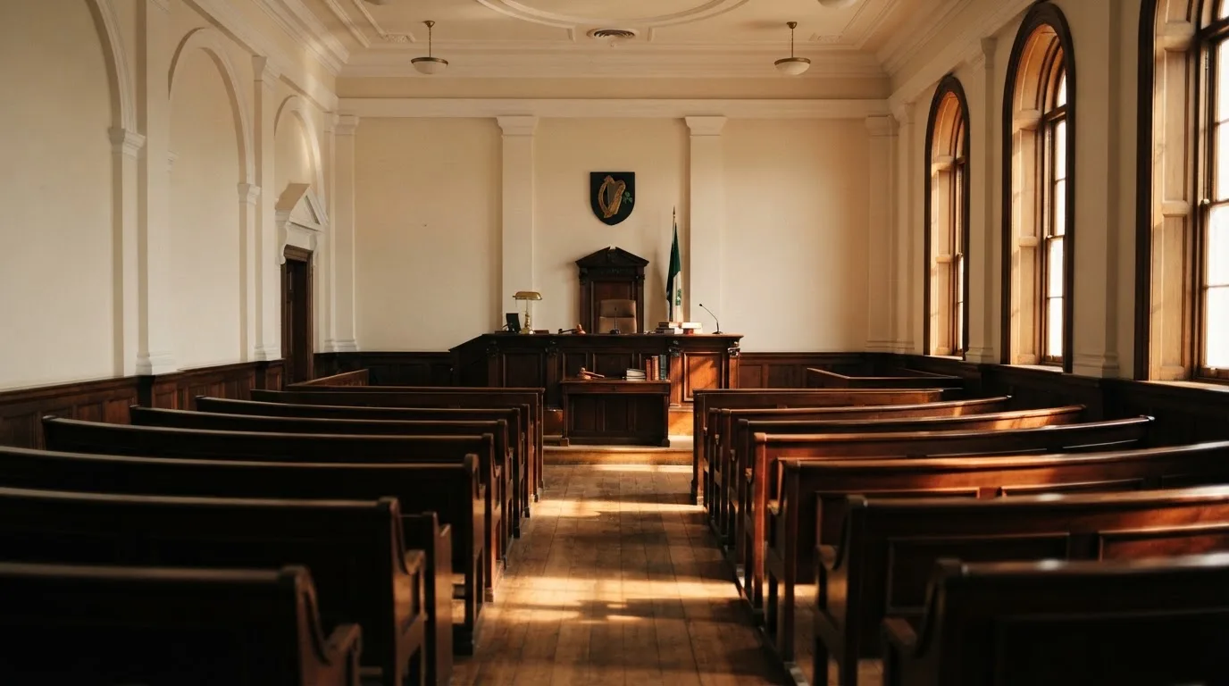 An empty courtroom with wooden benches in morning light