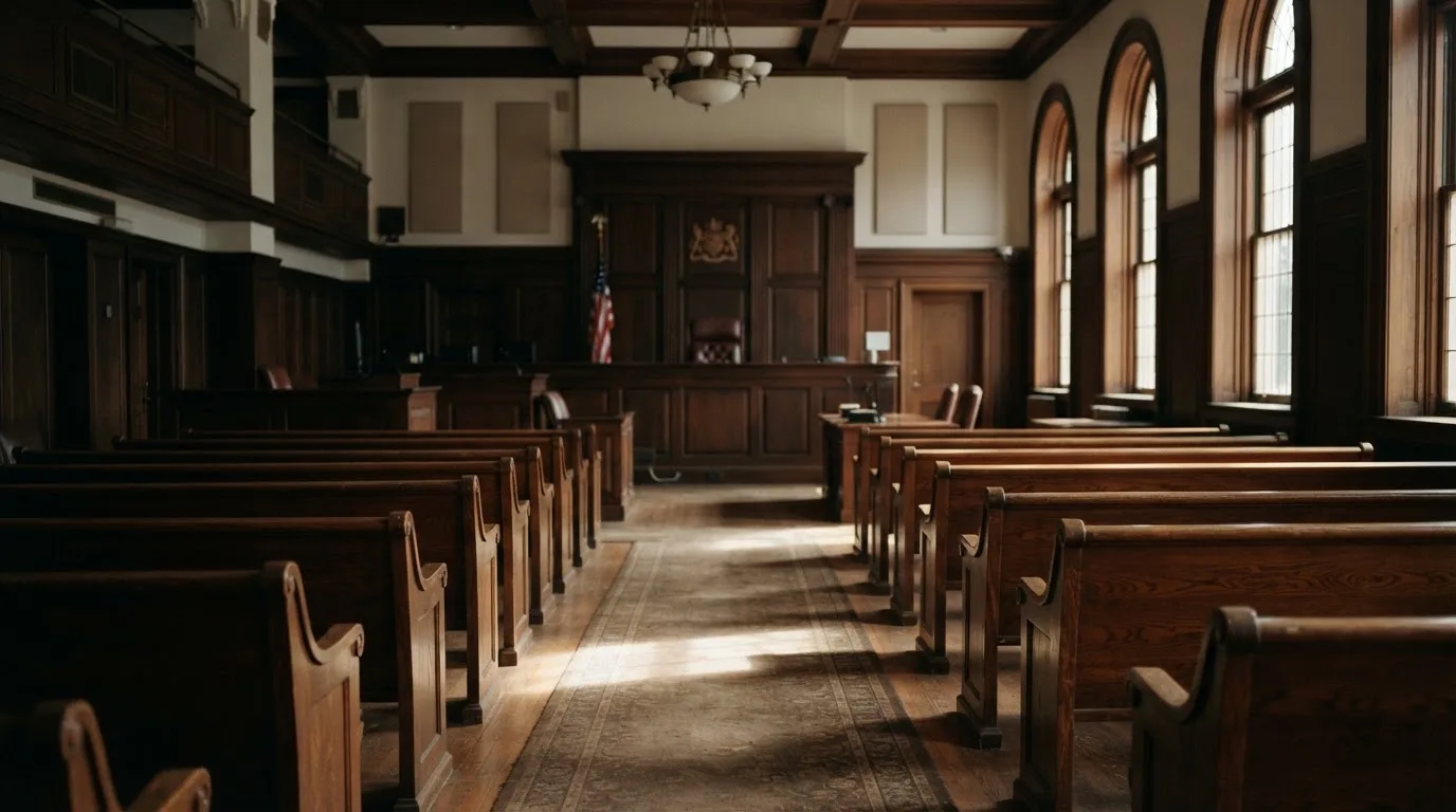 An empty courtroom with wooden benches in morning light