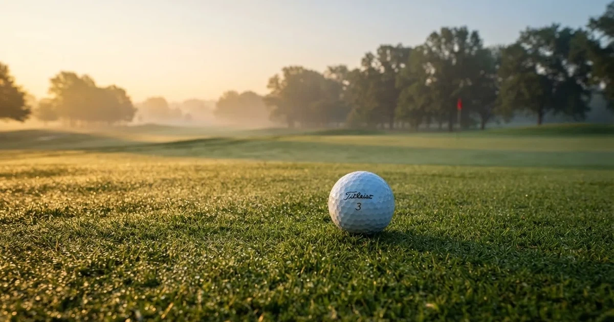 A ball on the centre spot of a grass pitch in morning light