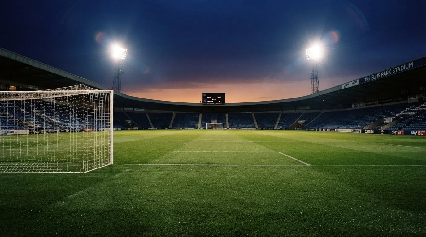 An empty football stadium with floodlight masts at dusk