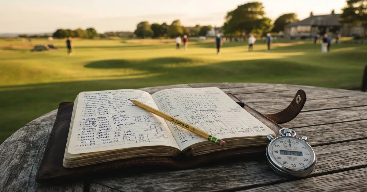 An open notebook with a pencil and a stopwatch on a wooden table