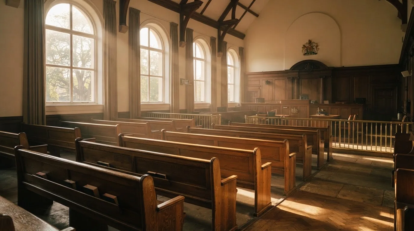 An empty courtroom with wooden benches in morning light