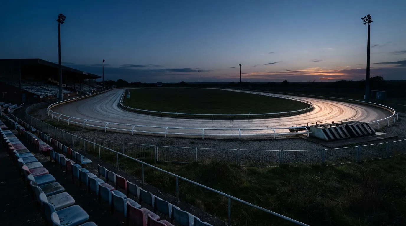 An empty football stadium with floodlight masts at dusk