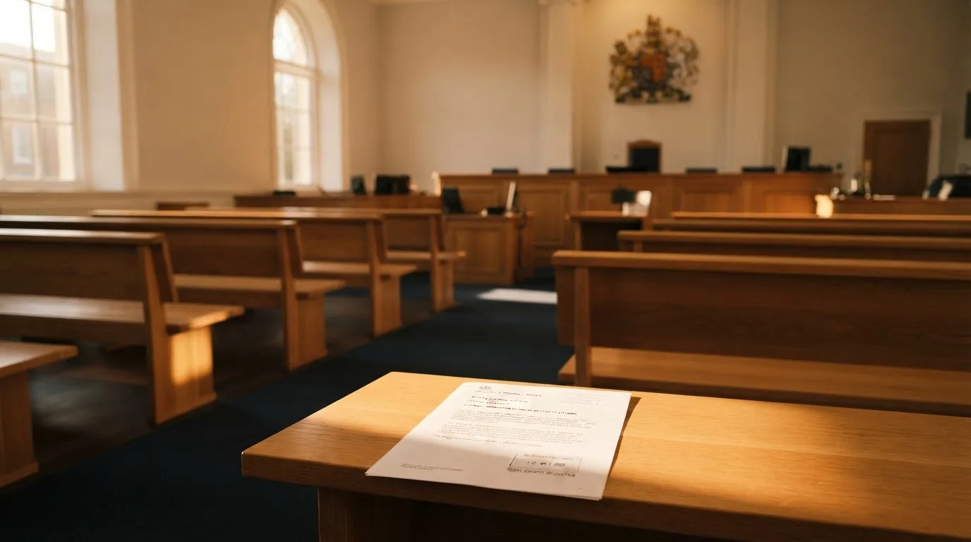 An empty courtroom with wooden benches in morning light