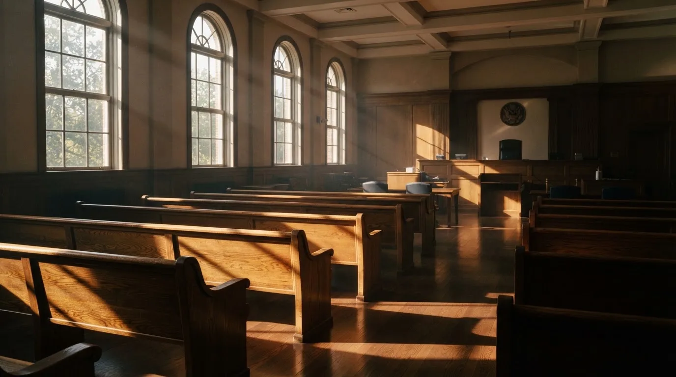 An empty courtroom with wooden benches in morning light