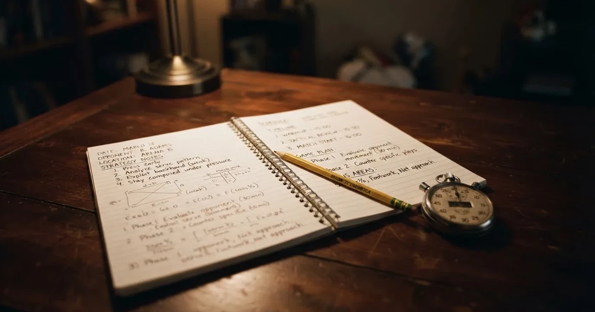 An open notebook with a pencil and a stopwatch on a wooden table