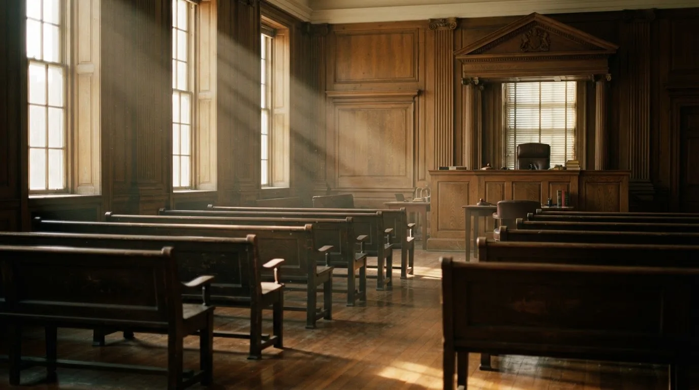 An empty courtroom with wooden benches in morning light