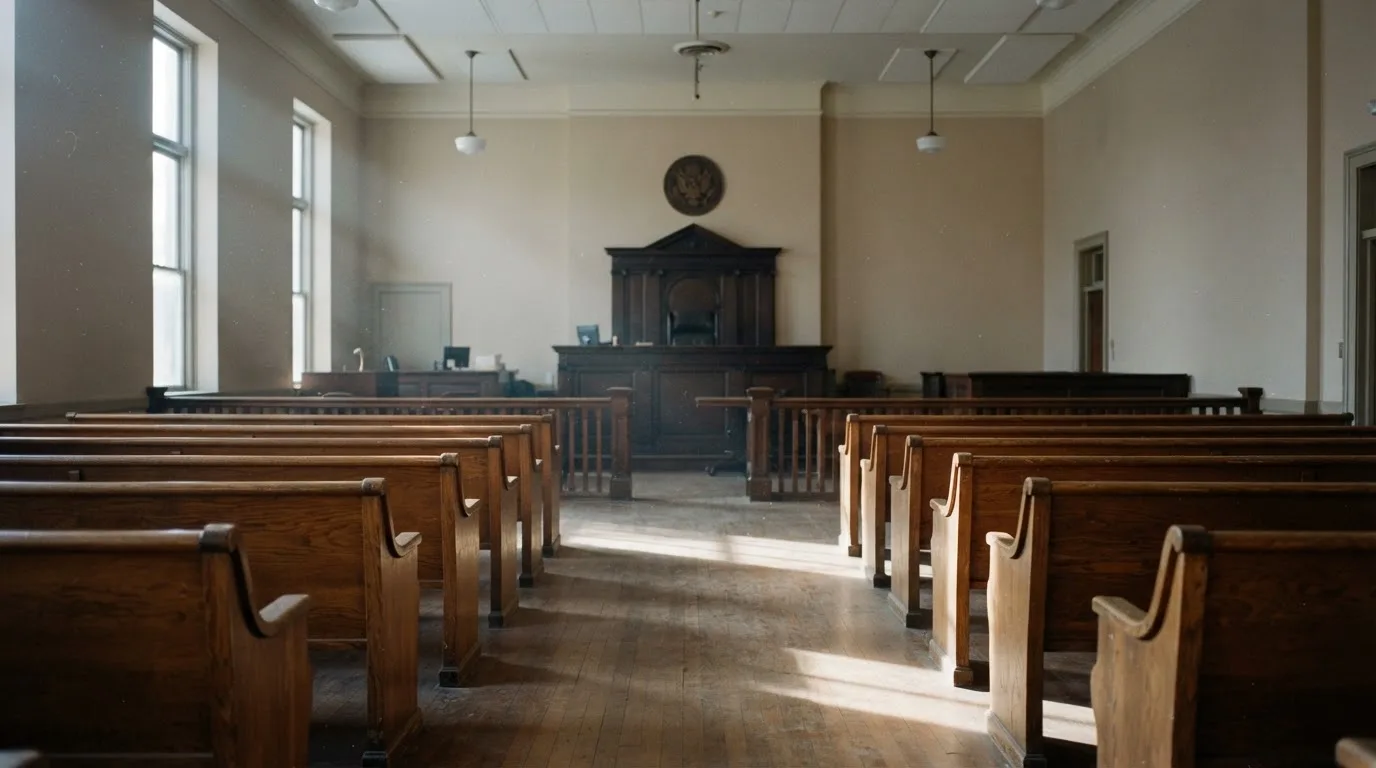 An empty courtroom with wooden benches in morning light