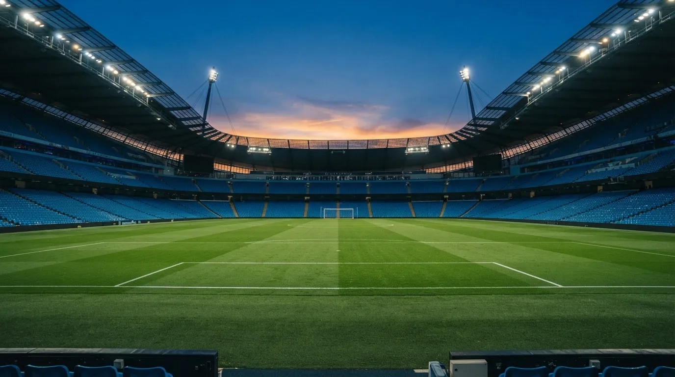 An empty football stadium with floodlight masts at dusk