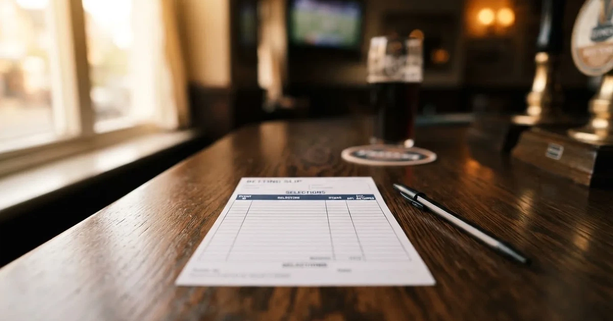 A blank paper betting slip beside a pen on a wooden counter