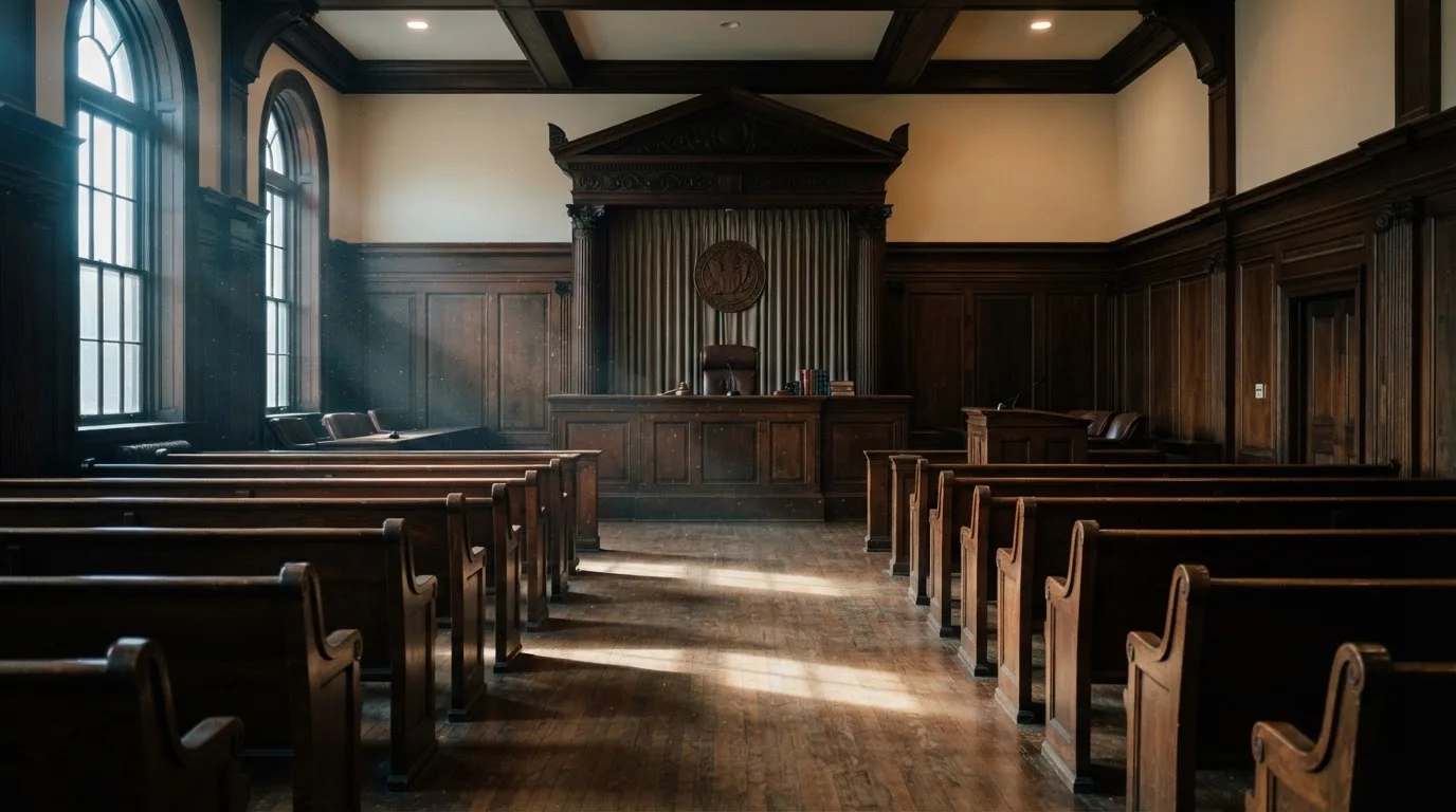 An empty courtroom with wooden benches in morning light
