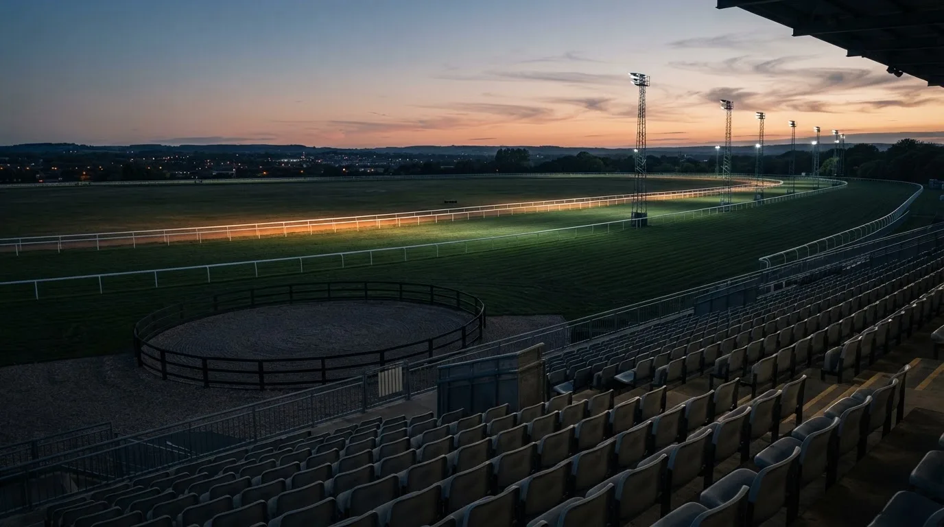 An empty football stadium with floodlight masts at dusk