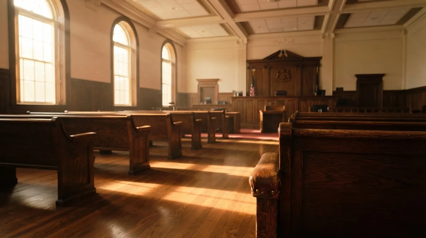 An empty courtroom with wooden benches in morning light