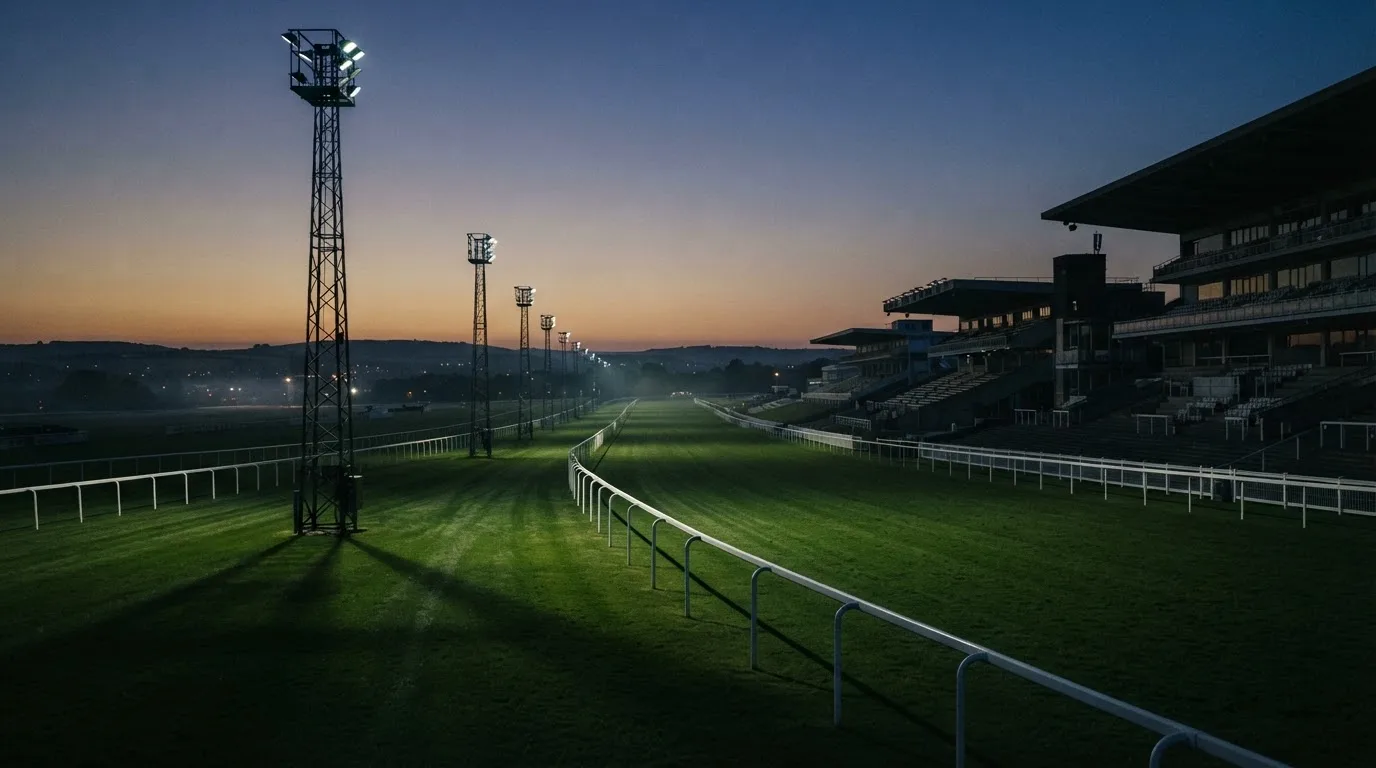 An empty football stadium with floodlight masts at dusk