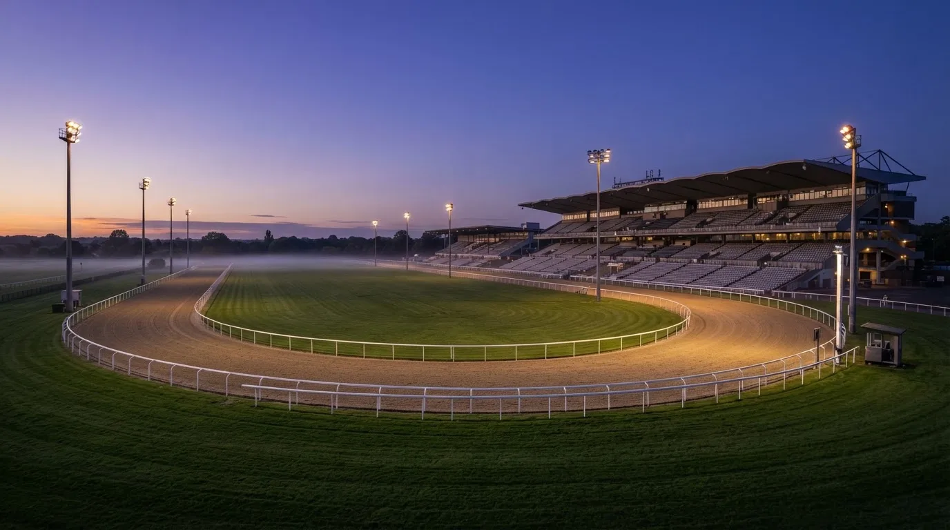 An empty football stadium with floodlight masts at dusk