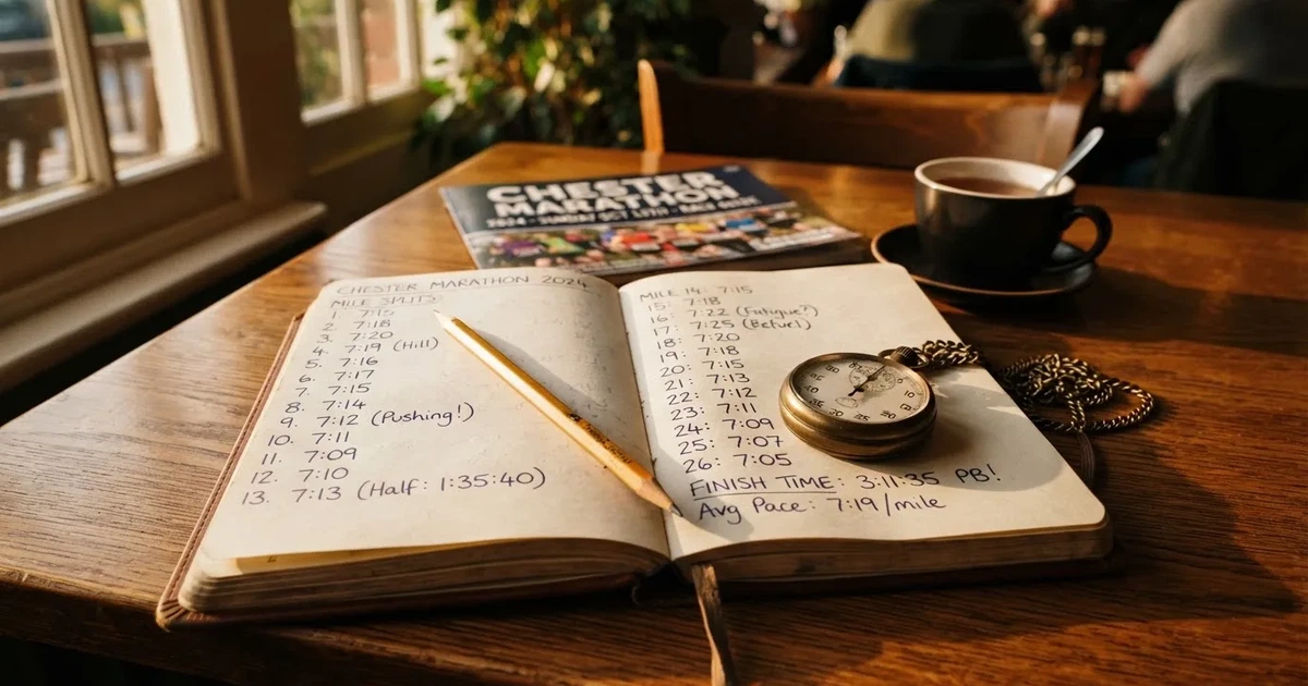 An open notebook with a pencil and a stopwatch on a wooden table