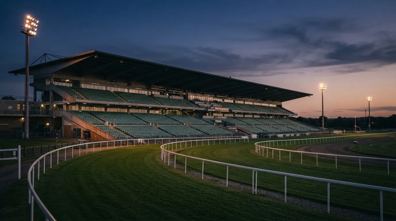 An empty football stadium with floodlight masts at dusk