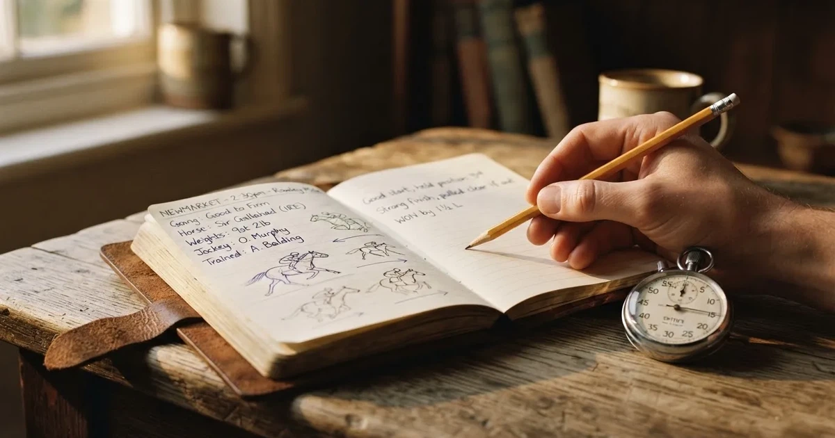 An open notebook with a pencil and a stopwatch on a wooden table
