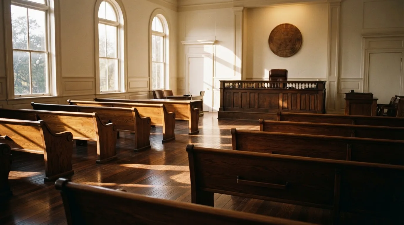 An empty courtroom with wooden benches in morning light