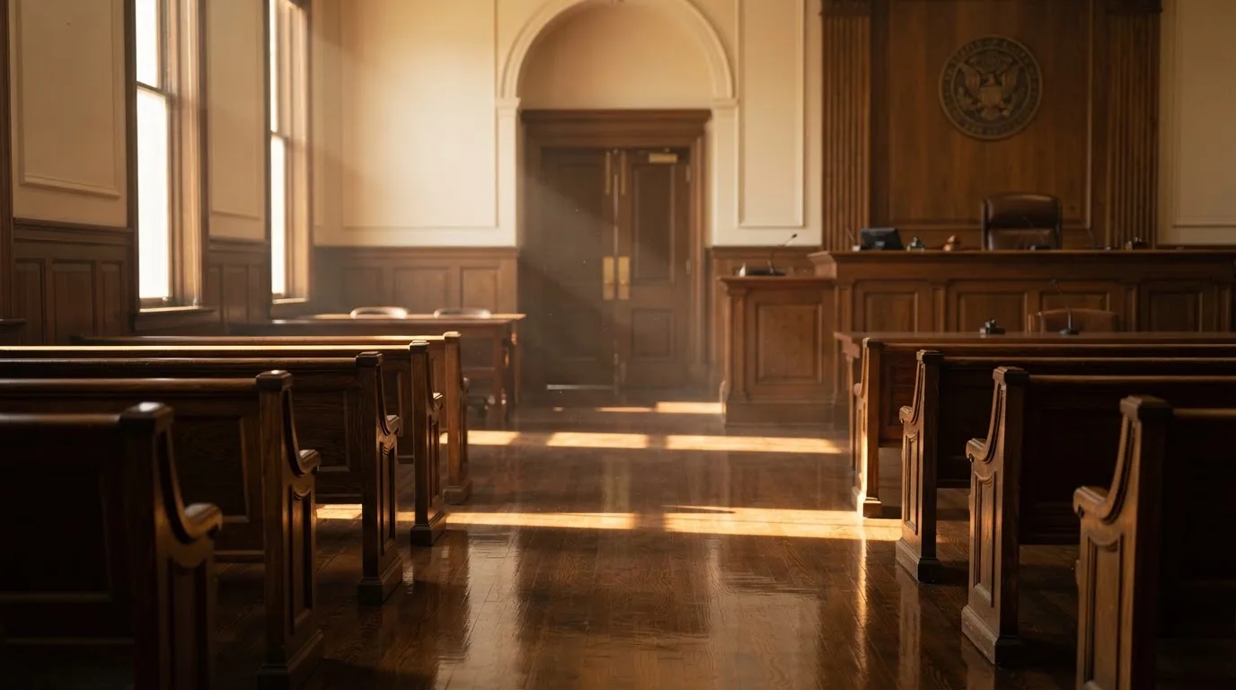 An empty courtroom with wooden benches in morning light