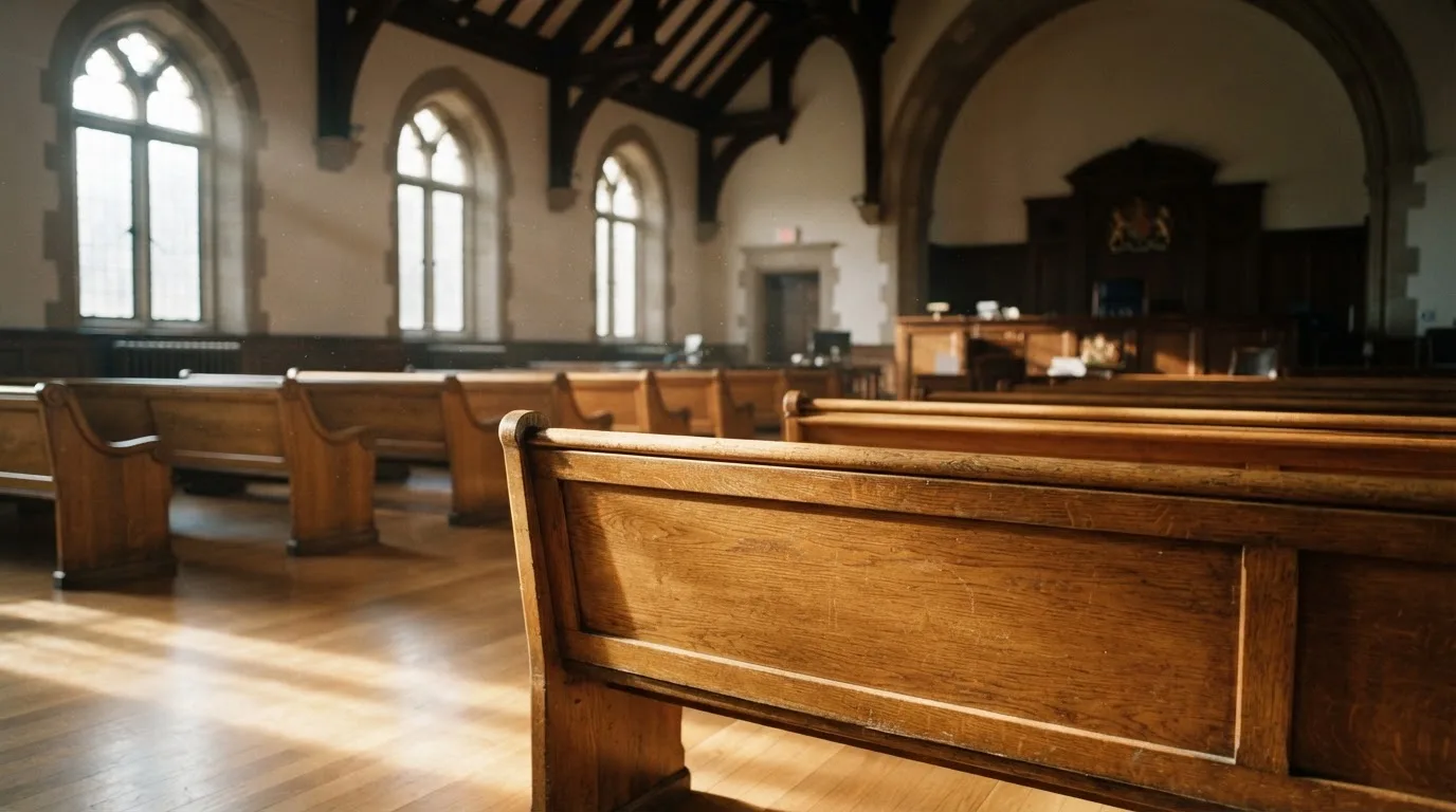 An empty courtroom with wooden benches in morning light