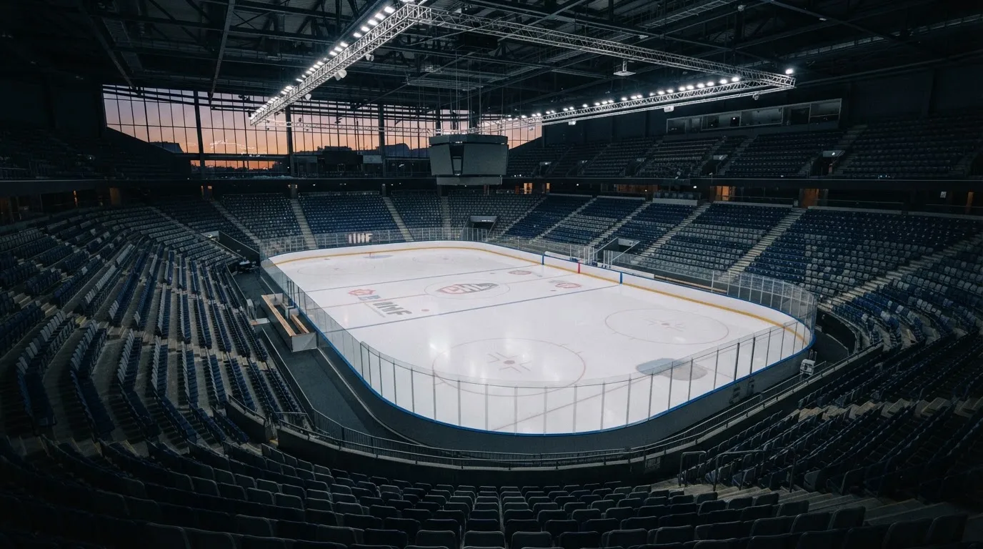 An empty football stadium with floodlight masts at dusk
