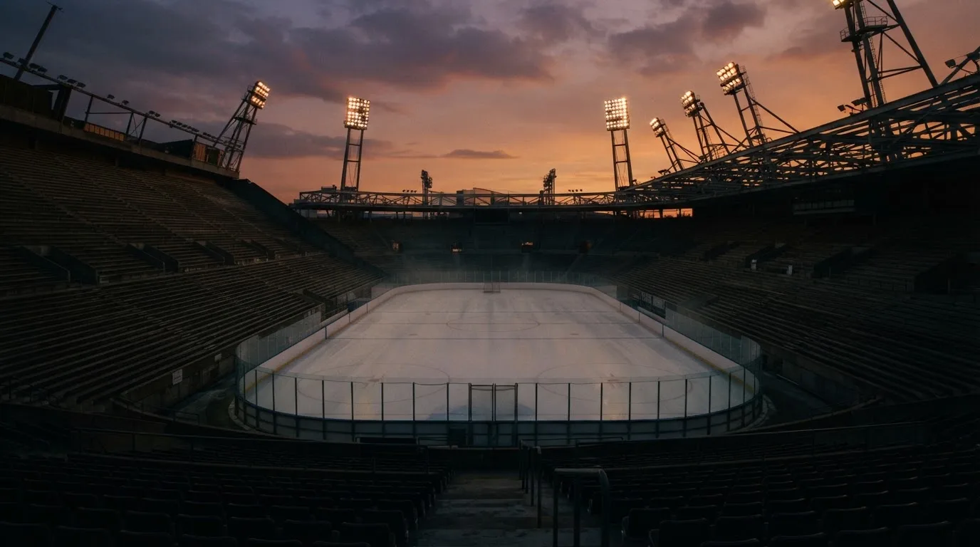 An empty football stadium with floodlight masts at dusk