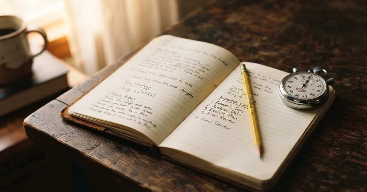 An open notebook with a pencil and a stopwatch on a wooden table