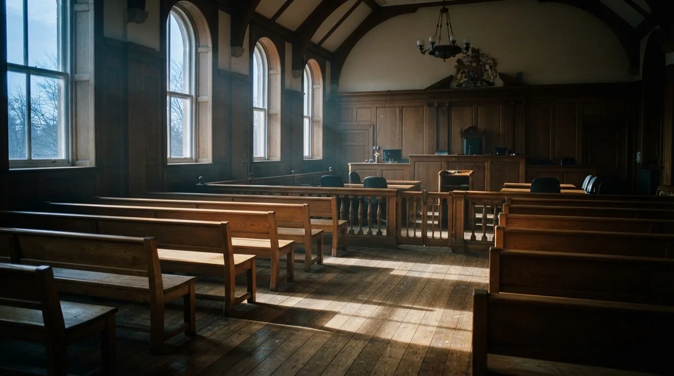 An empty courtroom with wooden benches in morning light