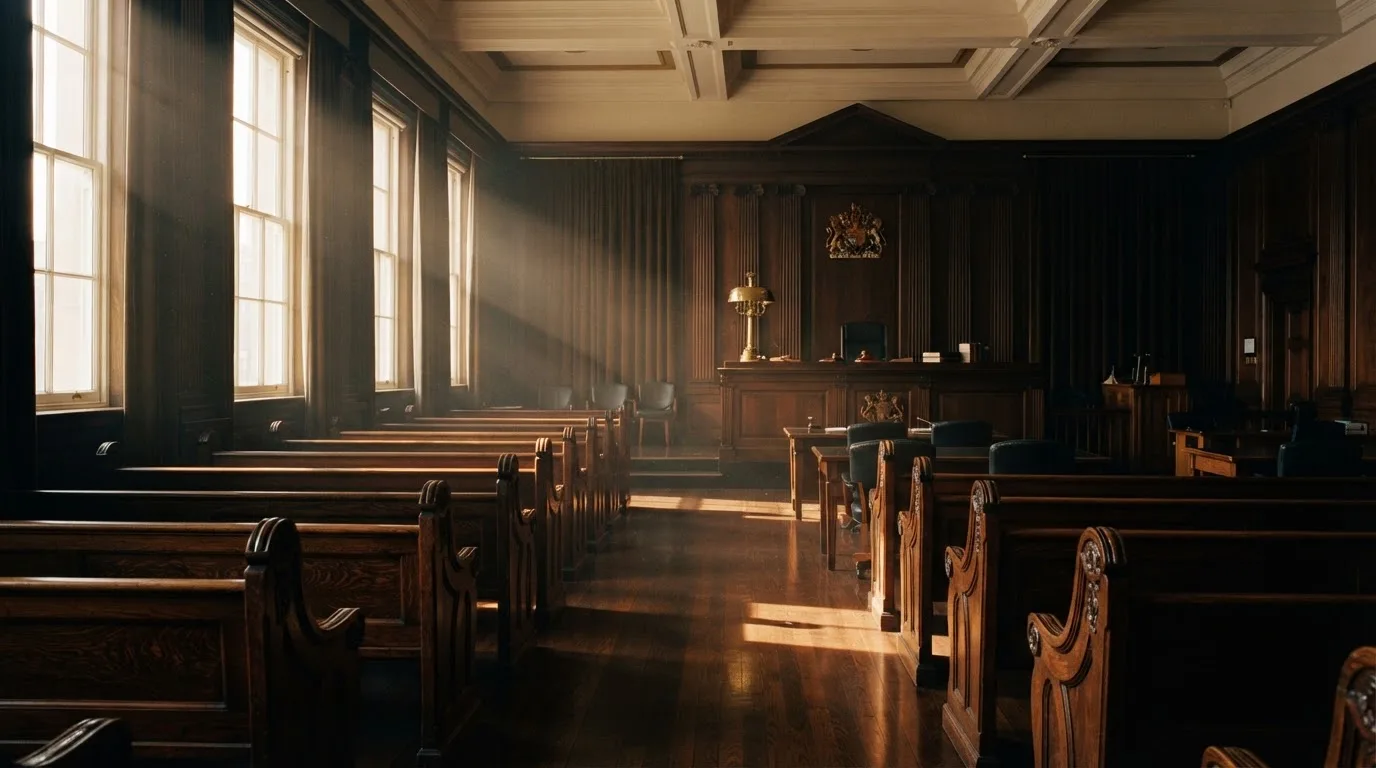 An empty courtroom with wooden benches in morning light