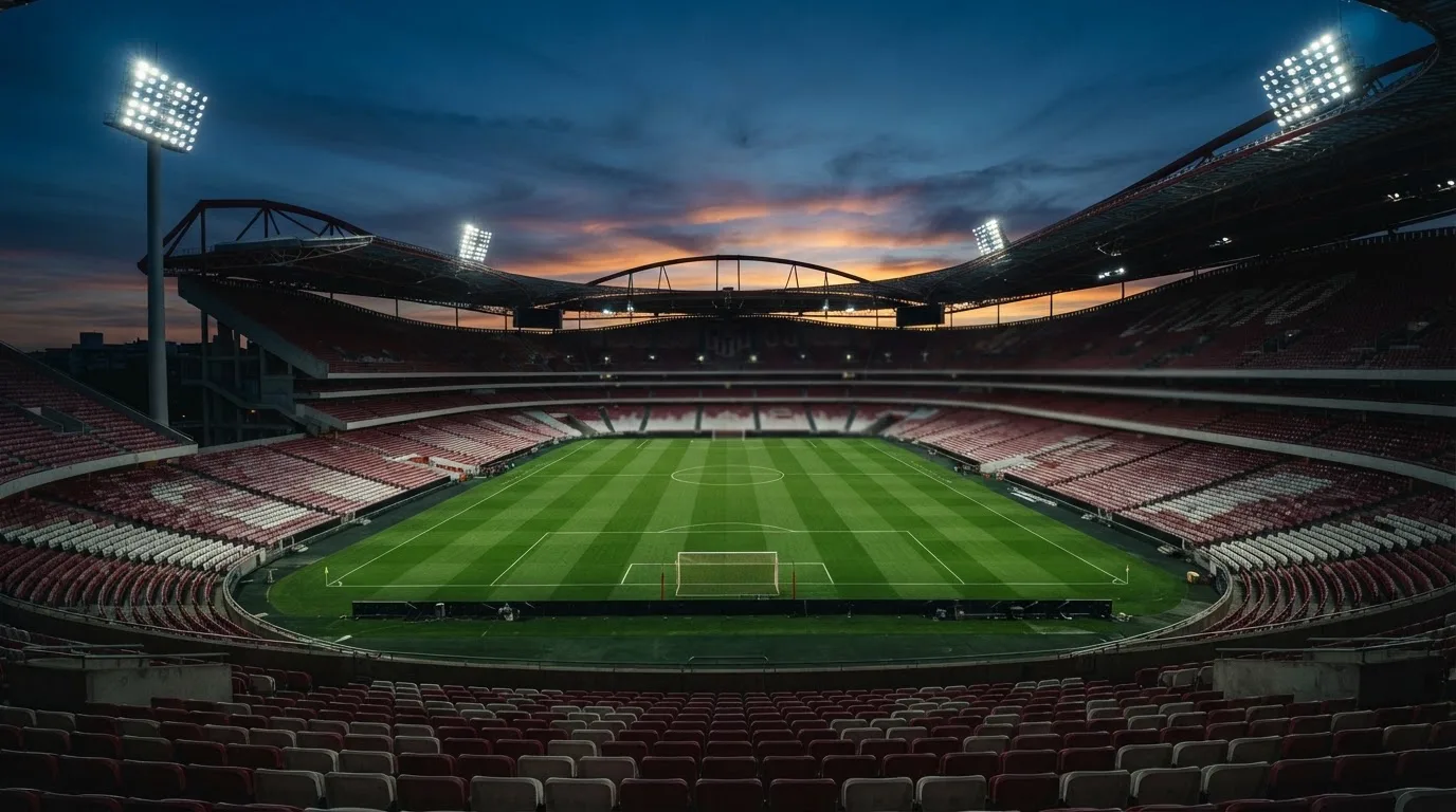 An empty football stadium with floodlight masts at dusk
