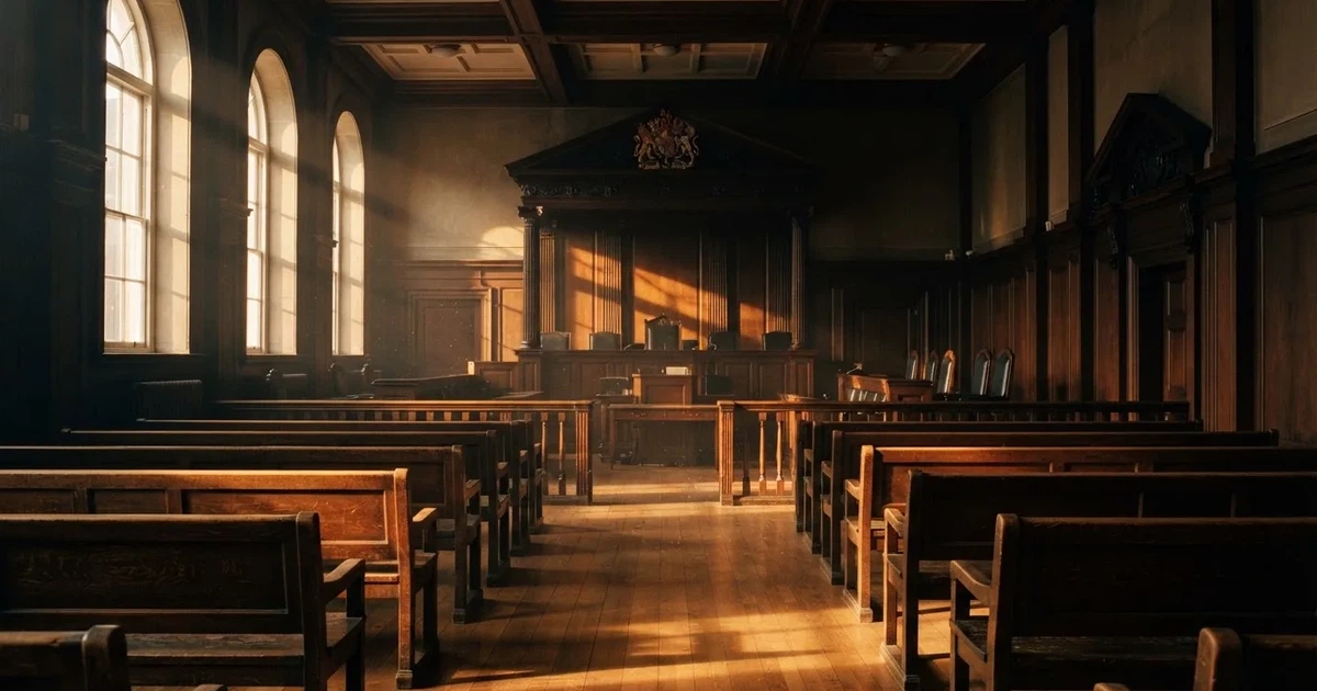 An empty courtroom with wooden benches in morning light
