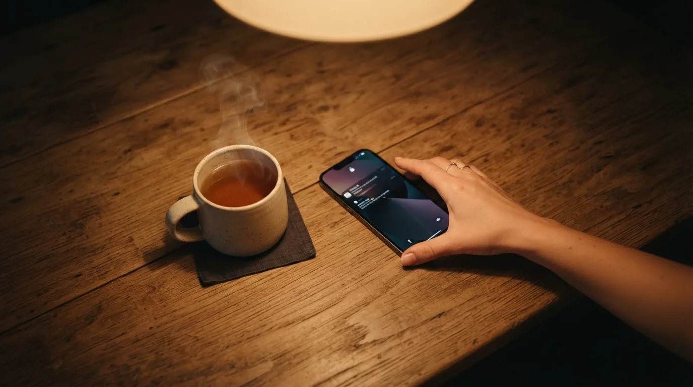 A hand setting a smartphone down beside a cup of tea on a kitchen table on a quiet evening