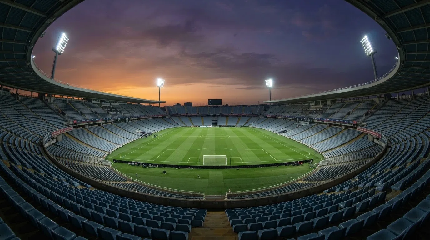 An empty football stadium with floodlight masts at dusk