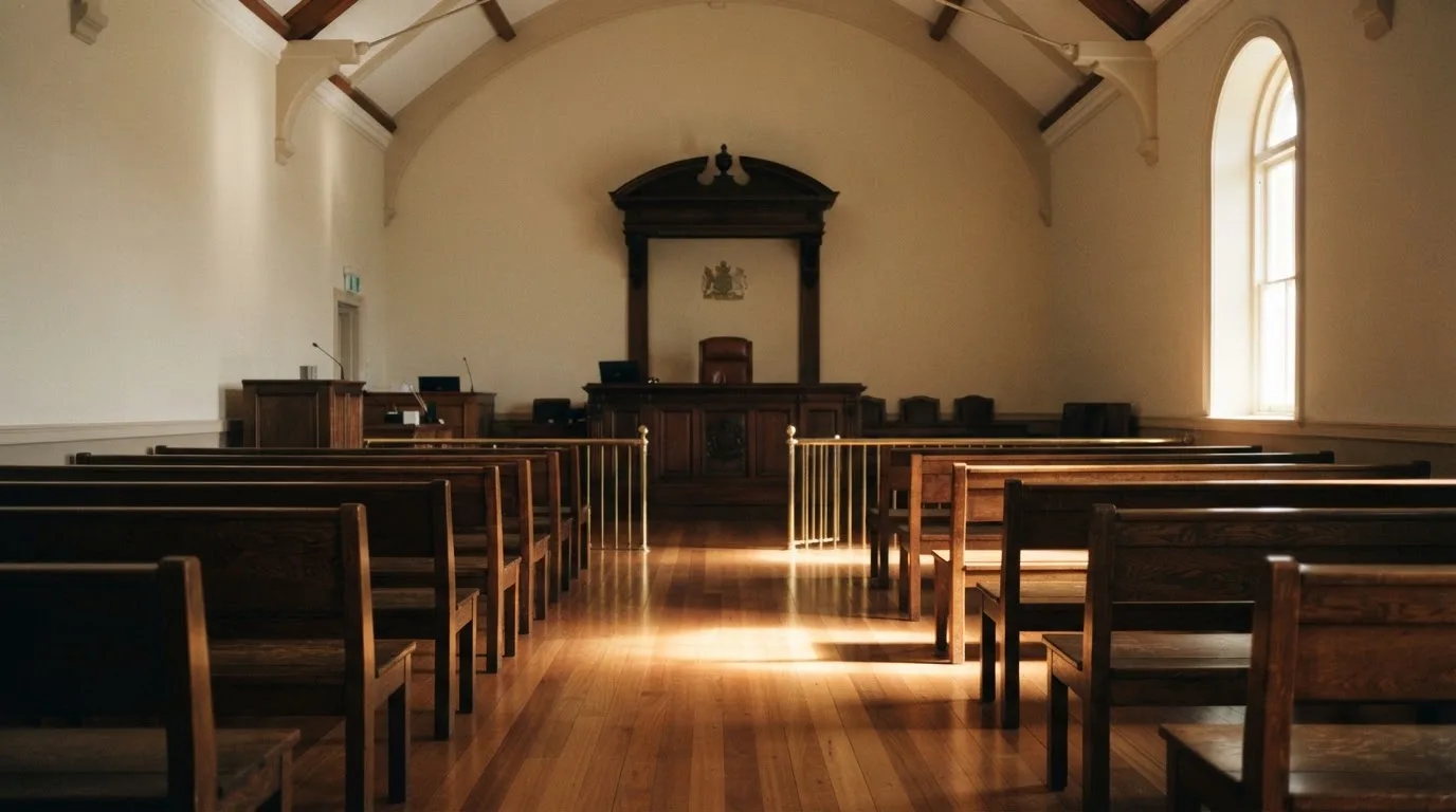 An empty courtroom with wooden benches in morning light