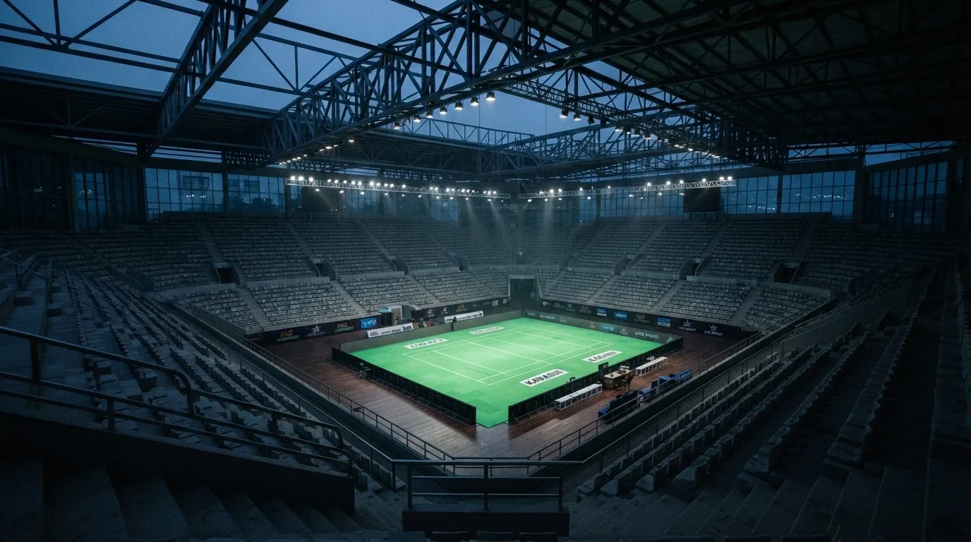 An empty football stadium with floodlight masts at dusk