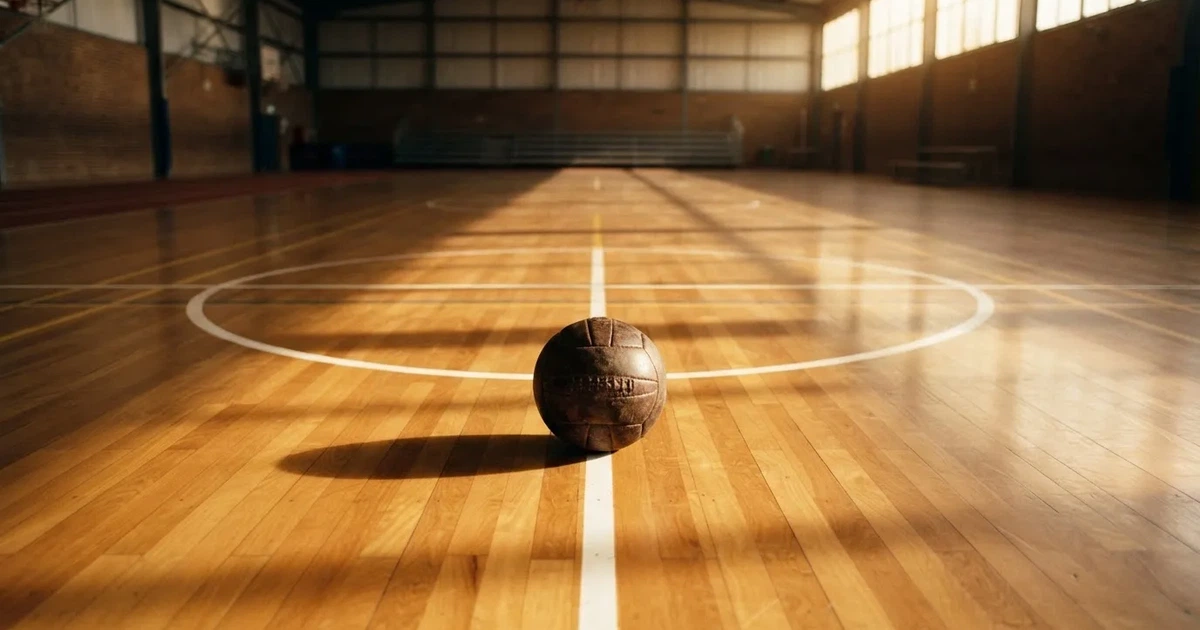 A ball on the centre spot of a grass pitch in morning light